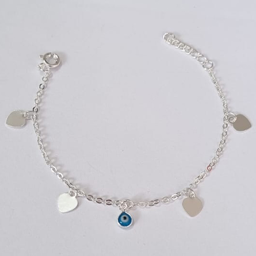 PULSEIRA FOLHEADA A PRATA COM 50 MILÉSIMOS + VERNIZ DIAMOND INFANTIL 12CM CORAÇÕES LISOS E OLHO GREGO + EXTENSOR PRPS000889