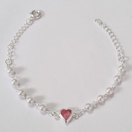PULSEIRA FOLHEADA A PRATA COM 50 MILÉSIMOS + VERNIZ DIAMOND INFANTIL 13CM + EXTENSOR - PULSEIRA COM BOLINHAS E CORAÇÃO ROSA PRPS000893