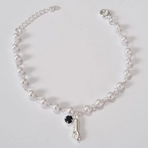 PULSEIRA FOLHEADA A PRATA COM 50 MILÉSIMOS + VERNIZ DIAMOND INFANTIL 14CM + EXTENSOR - PULSEIRA COM BOLINHAS E PINGENTES FIGA E CRISTAL PRETO PRPS000899