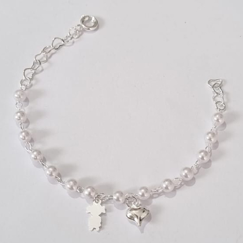 PULSEIRA FOLHEADA A PRATA COM 50 MILÉSIMOS + VERNIZ DIAMOND INFANTIL 14CM - PULSEIRA COM BOLINHAS E PINGENTES CORAÇÃO E MENINA PRPS000900