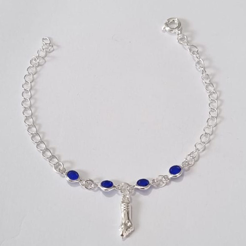 PULSEIRA FOLHEADA A PRATA COM 50 MILÉSIMOS + VERNIZ DIAMOND INFANTIL 14CM - PULSEIRA COM CRISTAIS AZUIS E PINGENTE FIGA PRPS000901