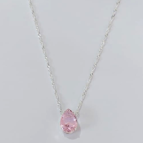 GARGANTILHA FOLHEADA A PRATA COM 50 MILÉSIMOS + VERNIZ DIAMOND CORRENTE SINGAPURA 45CM ZIRCÔNIA ROSA 10X14MM FECHO LAGOSTA PRGG001092
