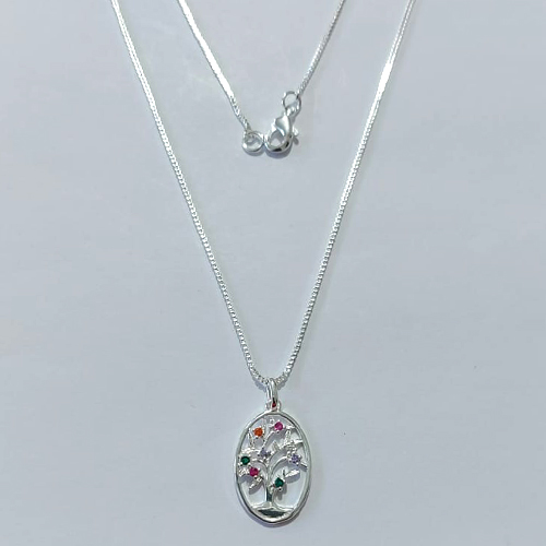GARGANTILHA FOLHEADA A PRATA COM 50 MILÉSIMOS + VERNIZ DIAMOND CORRENTE VENEZIANA PINGENTE ÁRVORE DA VIDA COM MICRO ZIRCÔNIAS COLORIDAS 11MM PRGG001094