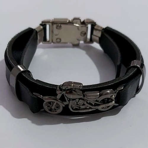 PULSEIRA EM AÇO INOXIDÁVEL 316L COM MOTO E CINTA EM COURO 18CM LARGURA 14MM COM TRAVA ACPS000431