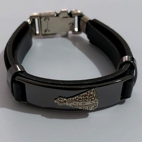 PULSEIRA EM AÇO INOXIDÁVEL 316L NOSSA SRA APARECIDA E CINTA EM COURO 18CM LARGURA 14MM COM TRAVA ACPS000432