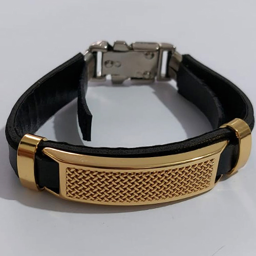 PULSEIRA EM AÇO INOXIDÁVEL 316L COM PLACA DOURADA E CINTA EM COURO 18CM LARGURA 14MM COM TRAVA ACPS000434