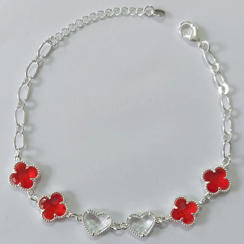 PULSEIRA FOLHEADA A PRATA COM 50 MILÉSIMOS + VERNIZ DIAMOND 19CM COM 4 TREVOS VERMELHOS VIDRO 10MM E 2 CORAÇÕES BRANCOS VIDRO 10MM + EXTENSOR PRPS000905
