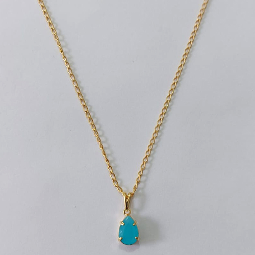 GARGANTILHA FOLHEADA A OURO CORRENTE CADEADO 42CM PINGENTE ZIRCÔNIA AZUL LEITOSO 7X10MM FECHO REDONDO OUGG000104