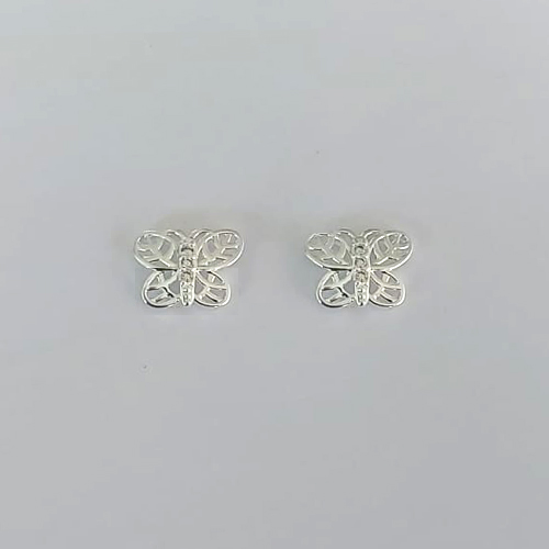 BRINCO FOLHEADO A PRATA COM 50 MILÉSIMOS + VERNIZ DIAMOND - BRINCO DE PINO BORBOLETA VAZADA COM MICRO ZIRCÔNIAS 10MM PRBR000864