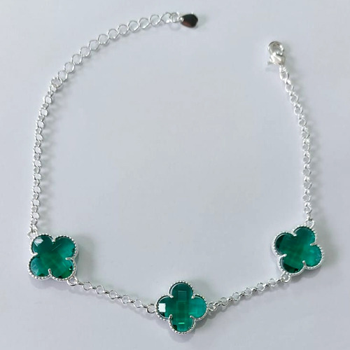 PULSEIRA FOLHEADA A PRATA COM 50 MILÉSIMOS + VERNIZ DIAMOND 17CM TREVO VERDE VIDRO 13MM PRPS000919