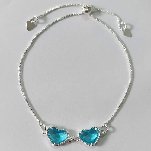 PULSEIRA FOLHEADA A PRATA COM 50 MILÉSIMOS + VERNIZ DIAMOND AJUSTÁVEL CORAÇÕES VIDRO AZUÍS 13MM PRPS000933