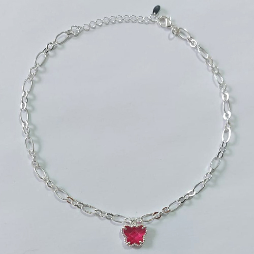 TORNOZELEIRA FOLHEADA A PRATA COM 50 MILÉSIMOS + VERNIZ DIAMOND 25CM COM PINGENTE BORBOLETA DE VIDRO ROSA 11MM + EXTENSOR PRTO000098