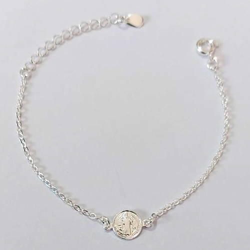 PULSEIRA FOLHEADA A PRATA COM 50 MILÉSIMOS + VERNIZ DIAMOND INFANTIL 13CM MEDALHA SÃO BENTO 8MM + EXTENSOR FECHO LAGOSTA PRPS000950
