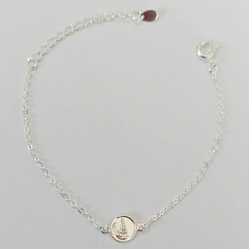 PULSEIRA FOLHEADA A PRATA COM 50 MILÉSIMOS + VERNIZ DIAMOND INFANTIL 13CM PINGENTE NOSSA SRA DE FÁTIMA + EXTENSOR E FECHO REDONDO PRPS000957
