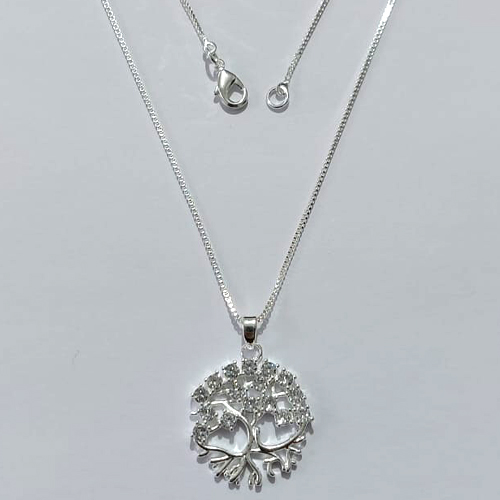 GARGANTILHA FOLHEADA A PRATA COM 50 MILÉSIMOS + VERNIZ DIAMOND CORRENTE 42CM PINGENTE ÁRVORE DA VIDA COM MICRO ZIRCÔNIAS 20MM FECHO LAGOSTA PRGG001194