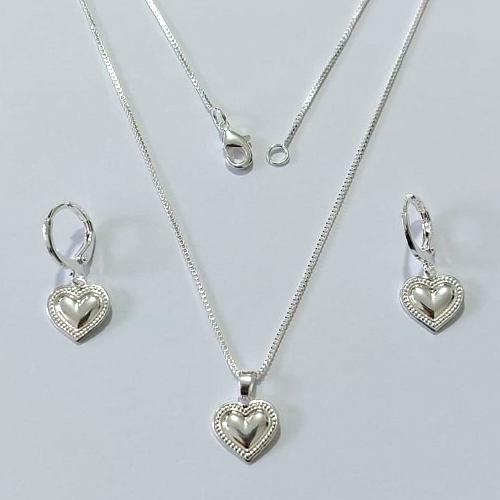 CONJUNTO FOLHEADO A PRATA COM 50 MILÉSIMOS + VERNIZ DIAMOND CORRENTE VENEZIANA 45CM MAIS PINGENTE CORAÇÃO 10MM BRINCO ARGOLA DE PRESSÃO CORAÇÃO LISO 10MM PRCJ000195