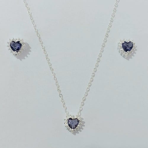 CONJUNTO FOLHEADO A PRATA COM 50 MILÉSIMOS  + VERNIZ DIAMOND CORRENTE CADEADO 45CM PINGENTE E BRINCOS DE PINOS CORAÇÃO COM ZIRCÔNIA LILÁS E CRAVEJADO EM MICROS ZIRCÔNIAS CRISTAIS 10MM PRCJ000090