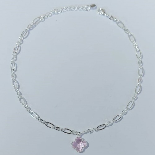 TORNOZELEIRA FOLHEADA A PRATA COM 50 MILÉSIMOS + VERNIZ DIAMOND 25CM COM PINGENTE TREVO ROSA VIDRO 10MM + EXTENSOR PRTO0000109