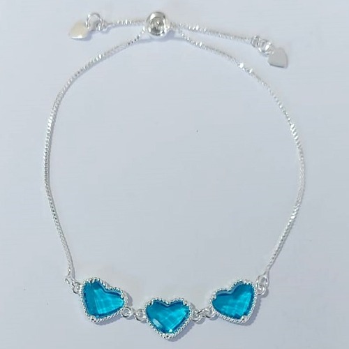 PULSEIRA FOLHEADA A PRATA COM 50 MILÉSIMOS + VERNIZ DIAMOND AJUSTÁVEL CORAÇÃO AZUL VIDRO 13MM PRPS000971