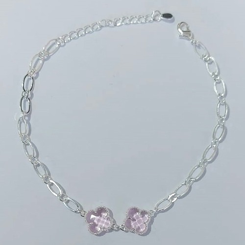 PULSEIRA FOLHEADA A PRATA COM 50 MILÉSIMOS + VERNIZ DIAMOND 18CM TREVOS ROSAS VIDROS 10MM PRPS000976