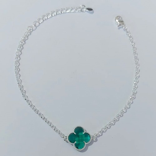 PULSEIRA FOLHEADA A PRATA COM 50 MILÉSIMOS + VERNIZ DIAMOND 17CM TREVO VERDE VIDRO 13MM PRPS000977