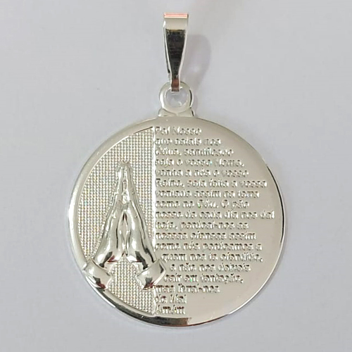 PINGENTE FOLHEADO A PRATA COM 50 MILÉSIMOS + VERNIZ DIAMOND PINGENTE MEDALHA ORAÇÃO PAI NOSSO 25MM PRPG000059