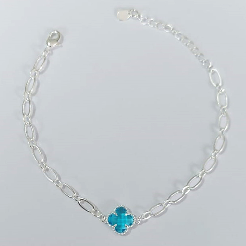 PULSEIRA FOLHEADA A PRATA COM 50 MILÉSIMOS + VERNIZ DIAMOND 18CM TREVO AZUL VIDRO 10MM + EXTENSOR PRPS000992