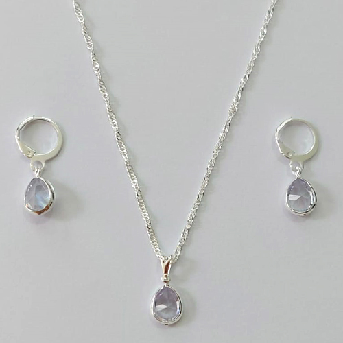 CONJUNTO FOLHEADO A PRATA COM 50 MILÉSIMOS + VERNIZ DIAMOND CORRENTE SINGAPURA 45CM PINGENTE E BRINCO COM ARGOLA DE PRESSÃO ZIRCÔNIA CRISTAL 8MM PRCJ000099