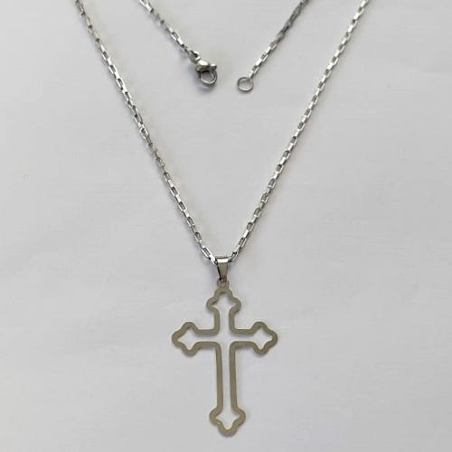 GARGANTILHA EM AÇO INOXIDÁVEL - (AÇO1012) GARGANTILHA COM CORRENTE TIJOLINHO 45CM E PINGENTE CRUCIFIXO VAZADO 24X36MM - FECHO LAGOSTA - COMPOSIÇÃO 100% AÇO INOXIDÁVEL ACGG000178