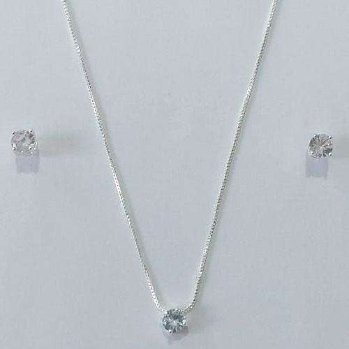 CONJUNTO FOLHEADO A PRATA COM 50 MILÉSIMOS + VERNIZ DIAMOND CORRENTE VENEZIANA 42CM PINGENTE 10MM E BRINCO PINO ZIRCÕNIA CRISTAL 8MM FECHO LAGOSTA PRCJ000114