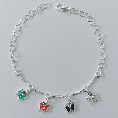 PULSEIRA FOLHEADA A PRATA COM 50 MILÉSIMOS + VERNIZ DIAMOND 18CM CORRENTE CORAÇÃO COM BORBOLETAS COLORIDAS FECHO LAGOSTA PRPS001000