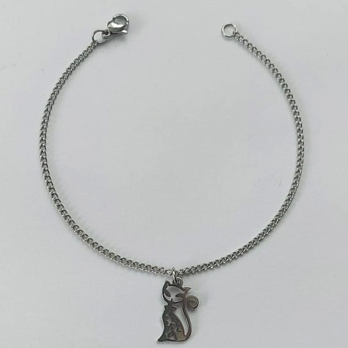 PULSEIRA EM AÇO INOXIDÁVEL - (ACO01) TAMANHO 18CM - LARGURA 1MM - PINGENTE GATINHO 9X15MM - FECHO LAGOSTA - COMPOSIÇÃO: AÇO INOXIDÁVEL - ACPS000513