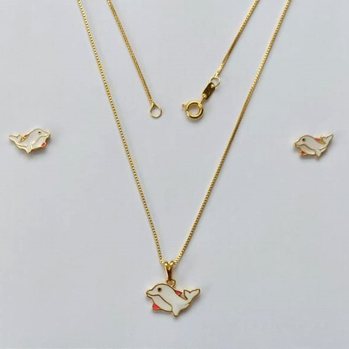 CONJUNTO FOLHEADO A OURO - BANHADO COM 5 MILÉSIMOS + VERNIZ DIAMOND - CONJUNTO INFANTIL COM CORRENTE VENEZIANA 40CM E BRINCOS DE PINO COM PINGENTES DE BALEIA(OURO060) - OUCJ000027