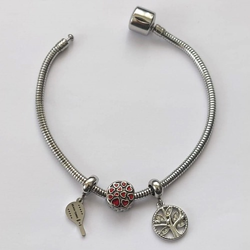 PULSEIRA EM AÇO INOXIDÁVEL - PULSEIRA TIPO PANDORA COM FECHO REDONDO E COM BERLOQUE RAQUETE BEACH TENNIS, BERLOQUE ÁRVORE DA VIDA E BERLOQUE REDONDO COM CORAÇÕES - TAMANHO 20CM - COMPOSIÇÃO: AÇO INOXIDÁVEL (AÇO1152) ACPS000525