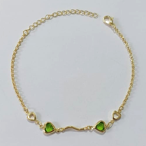PULSEIRA FOLHEADA A OURO - BANHADO COM 3 MILÉSIMOS + VERNIZ DIAMOND - PULSEIRA 17CM COM CORAÇÕES VERDES + EXTENSOR OUPS000031