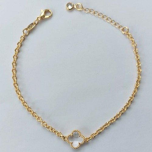 PULSEIRA FOLHEADA A OURO - BANHADO COM 5 MILÉSIMOS + VERNIZ DIAMOND - PULSEIRA COM PINGENTE TREVO EM VIDRO CRISTAL 10MM - TAMANHO: 16CM + EXTENSOR - FECHO LAGOSTA (OURO094) OUPS000032