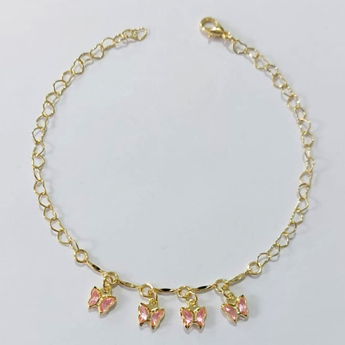 PULSEIRA FOLHEADA A OURO - BANHADO COM 3 MILÉSIMOS + VERNIZ DIAMOND - PULSEIRA 20CM COM BORBOLETAS ROSAS OUPS000037