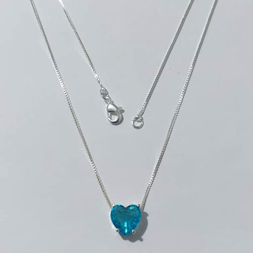 GARGANTILHA FOLHEADA A PRATA COM 50 MILÉSIMOS + VERNIZ DIAMOND - CORRENTE VENEZIANA 45CM PINGENTE CORAÇÃO EM ZIRCÔNIA AZUL 10MM PRGG001347