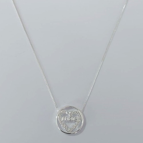 GARGANTILHA FOLHEADA A PRATA COM 50 MILÉSIMOS + VERNIZ DIAMOND CORRENTE VENEZIANA 42CM PINGENTE CORAÇÃO ESCRITO MÃE COM MICRO ZIRCÔNIAS CRISTAIS 17MM PRGG001364
