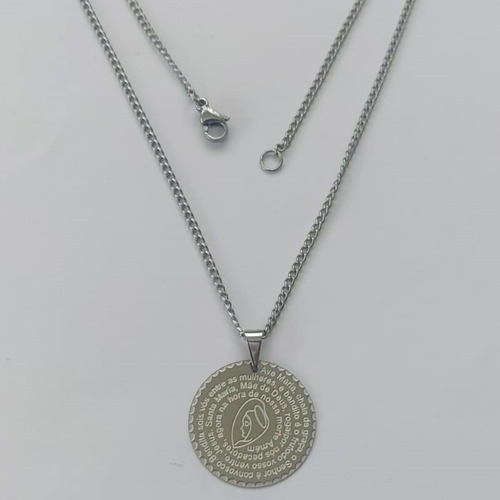 GARGANTILHA EM AÇO INOXIDÁVEL - GARGANTILHA COM PINGENTE MEDALHA REDONDA ORAÇÃO AVE MARIA 22MM - TAMANHO: 45CM - COMPOSIÇÃO: AÇO INOXIDÁVEL - (AÇO1285) ACGG000201