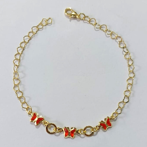 PULSEIRA FOLHEADA A OURO - BANHADO COM 3 MILÉSIMOS + VERNIZ DIAMOND - PULSEIRA 18CM COM BORBOLETAS VERMELHAS OUPS000038