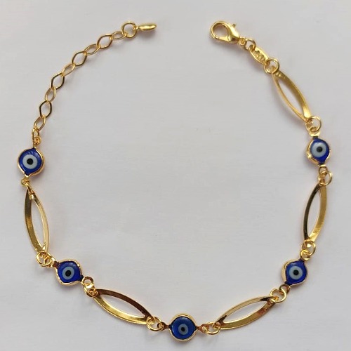 PULSEIRA FOLHEADA A OURO - BANHADO COM 5 MILÉSIMOS + VERNIZ DIAMOND - PULSEIRA COM DETALHES VAZADOS E OLHOS GREGOS 17CM + EXTENSOR - FECHO LAGOSTA - (OURO187) OUPS000038