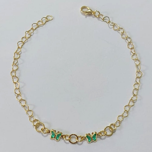 PULSEIRA FOLHEADA A OURO - BANHADO COM 3 MILÉSIMOS + VERNIZ DIAMOND - PULSEIRA 20CM COM BORBOLETAS DE CRISTAIS VERDES OUPS000041