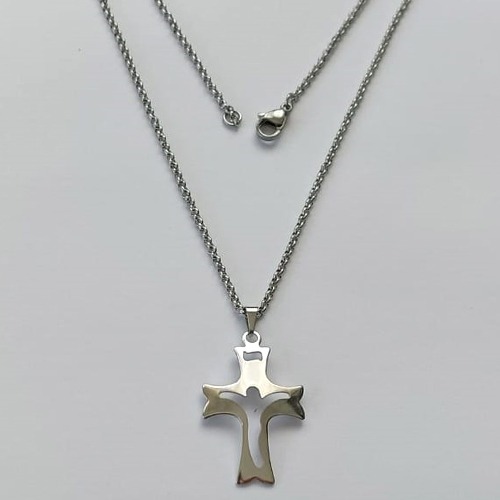 GARGANTILHA EM AÇO INOXIDÁVEL - (BCOL032) CORRENTE ELO PORTUGÛES 50CM COM PINGENTE CRUCIFIXO CURVO VAZADO 21X33MM - FECHO LAGOSTA (AÇO1305) - ACGG000210