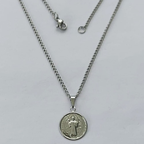 GARGANTILHA EM AÇO INOXIDÁVEL - (AÇO01) CORRENTE 50CM COM PINGENTE MEDALHA SÃO BENTO 14MM - FECHO LAGOSTA (AÇO1300) - ACGG000211