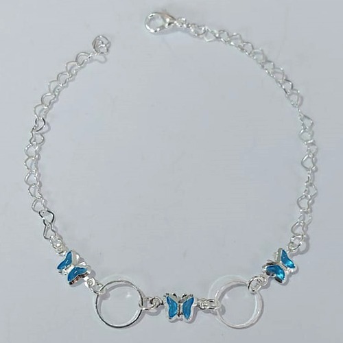 PULSEIRA FOLHEADA A PRATA COM 50 MILÉSIMOS + VERNIZ DIAMOND - PULSEIRA COM BORBOLETAS AZUÍS- TAMANHO: 18CM - FECHO LAGOSTA PRPS001039