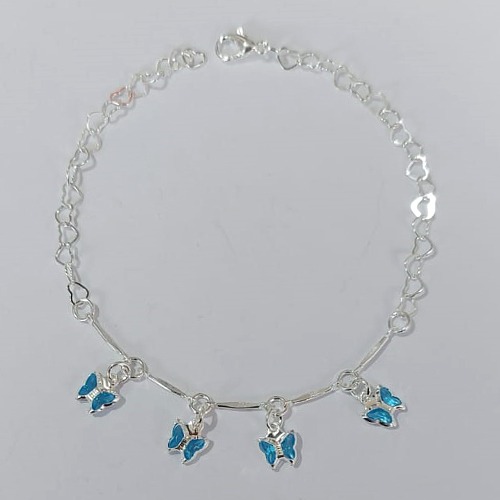 PULSEIRA FOLHEADA A PRATA COM 50 MILÉSIMOS + VERNIZ DIAMOND - PULSEIRA COM BORBOLETAS AZUÍS - TAMANHO: 18CM - FECHO LAGOSTA PRPS001041