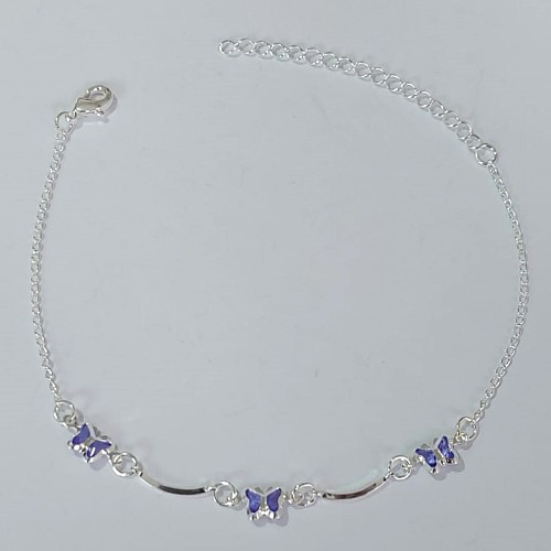 PULSEIRA FOLHEADA A PRATA COM 50 MILÉSIMOS + VERNIZ DIAMOND - PULSEIRA COM BORBOLETAS LILÁS- TAMANHO: 18CM + EXTENSOR - FECHO LAGOSTA PRPS001048
