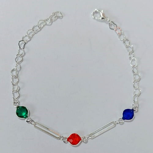 PULSEIRA FOLHEADA A PRATA COM 50 MILÉSIMOS + VERNIZ DIAMOND - PULSEIRA COM PEDRAS CRISTAIS COLORIDAS - TAMANHO: 17CM - FECHO LAGOSTA PRPS001053