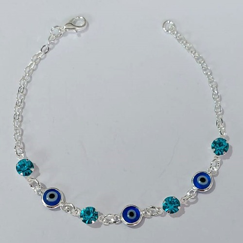 PULSEIRA FOLHEADA A PRATA COM 50 MILÉSIMOS + VERNIZ DIAMOND - PULSEIRA COM OLHOS GREGOS COM STRASS AZUÍS - TAMANHO: 17CM - FECHO LAGOSTA PRPS001057